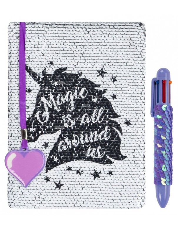 diario con penna di paillettes magic all around fringoo vista frontale