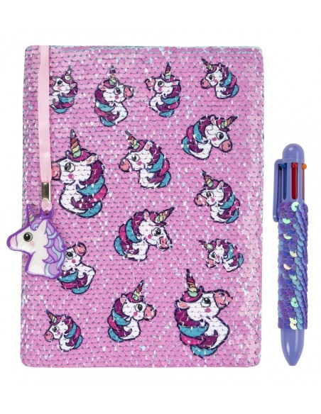 diario con penna di paillettes unicorn pink and blue fringoo vista frontale