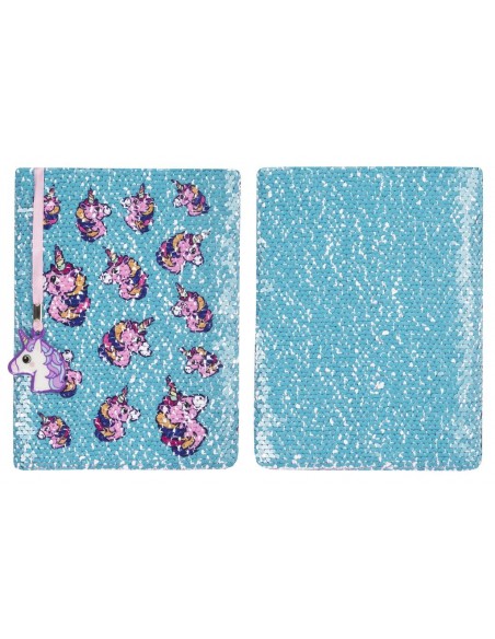 diario con penna di paillettes unicorn pink and blue fringoo vista fronte retro bis