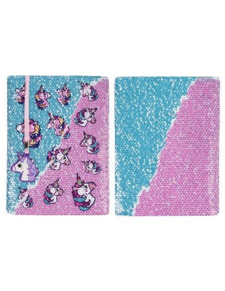 diario con penna di paillettes unicorn pink and blue fringoo vista fronte retro ter