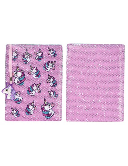 diario con penna di paillettes unicorn pink and blue fringoo vista fronte retro