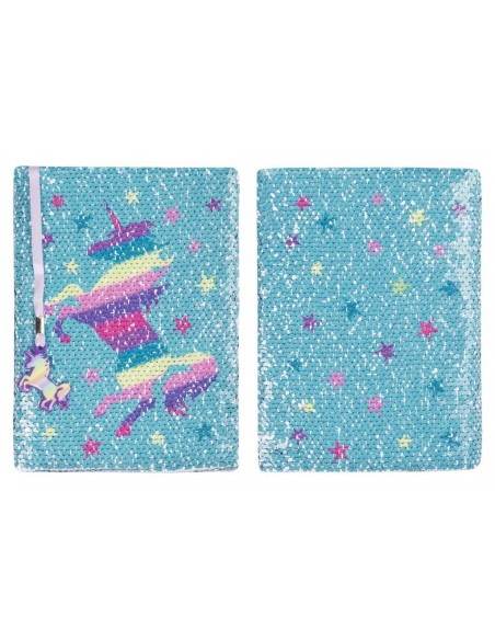 diario con penna di paillettes unicorn rainbow fringoo vista fronte retro bis