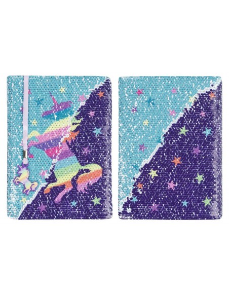 diario con penna di paillettes unicorn rainbow fringoo vista fronte retro ter