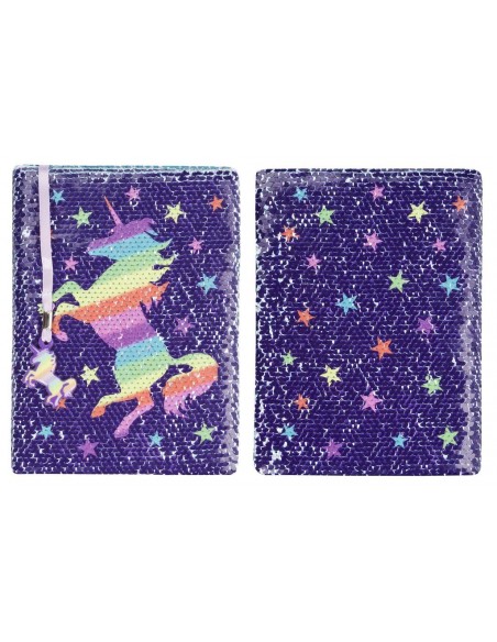 diario con penna di paillettes unicorn rainbow fringoo vista fronte retro