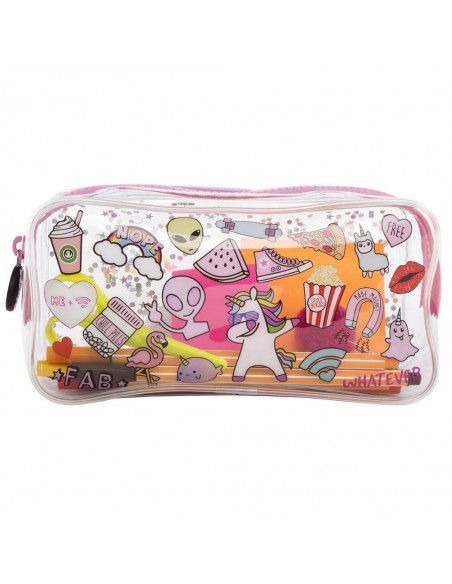 astuccio trasparente liquido con glitter TEEN DOODLES 2 vista con cancelleria