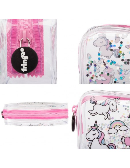 astuccio trasparente liquido con glitter UNICORNS & RAINBOWS dettagli