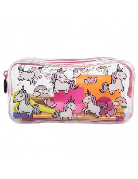 astuccio trasparente liquido con glitter UNICORNS & RAINBOWS vista con cancelleria