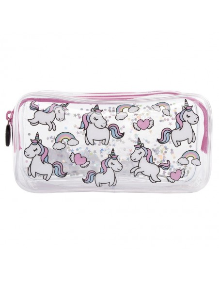 astuccio trasparente liquido con glitter UNICORNS & RAINBOWS vista frontale