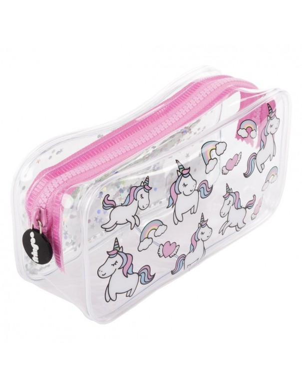 astuccio trasparente liquido con glitter UNICORNS & RAINBOWS vista laterale