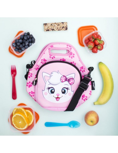 porta merenda in neoprene con tracolla PINK KITTY ambientazione in celeste