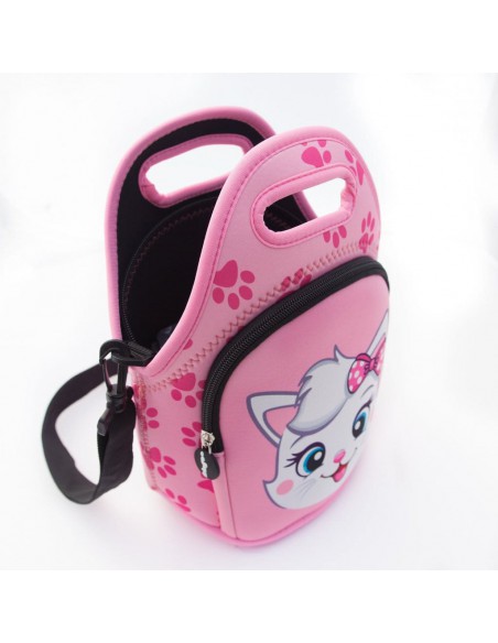 porta merenda in neoprene con tracolla PINK KITTY aperto