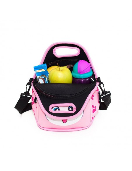 porta merenda in neoprene con tracolla PINK KITTY in uso