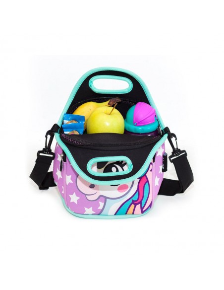 porta merenda in neoprene con tracolla UNICORN STARS in uso